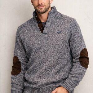 Chaps Men's Blue Sweater with Brown Elbow Patches